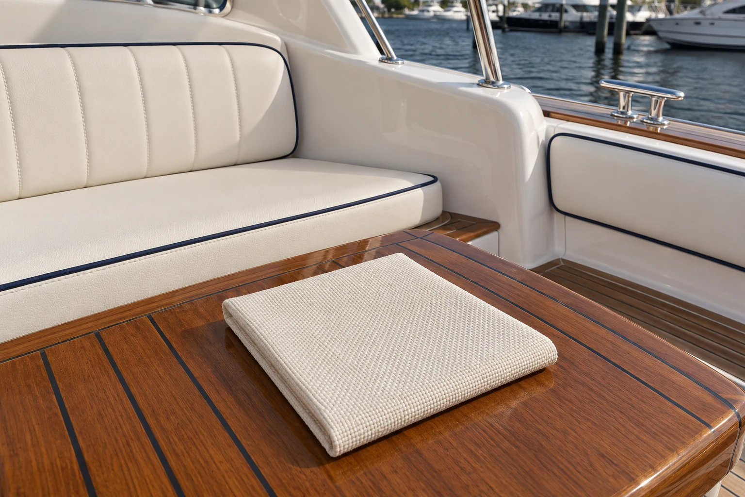 A cream marine fabric sample on teak