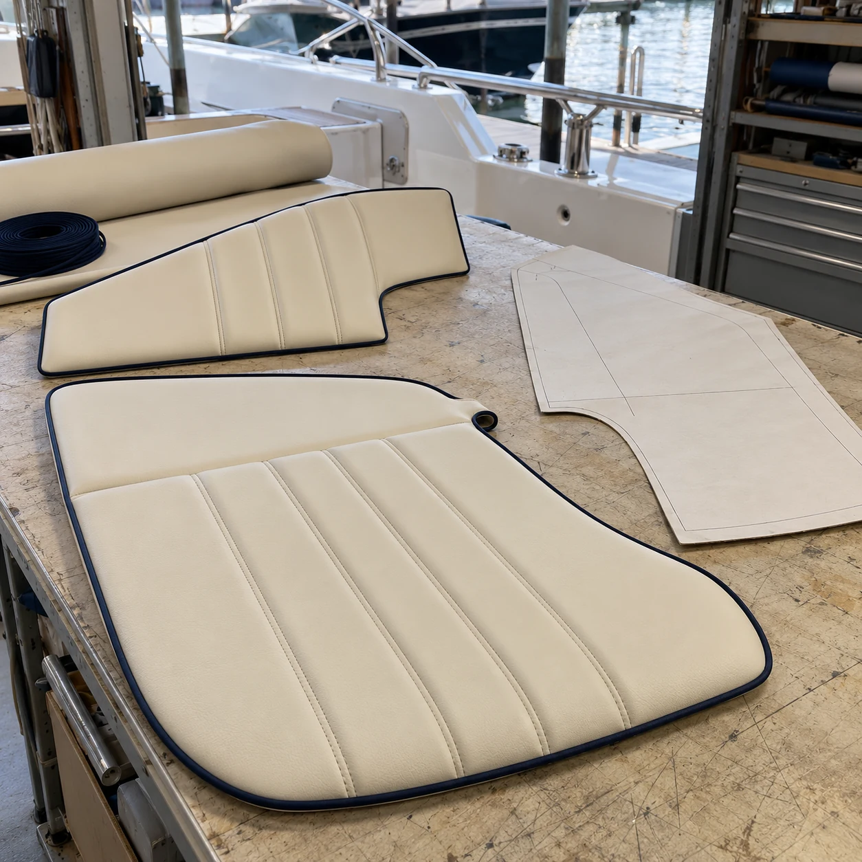 Cream leather yacht upholstery panels cut in the workshop