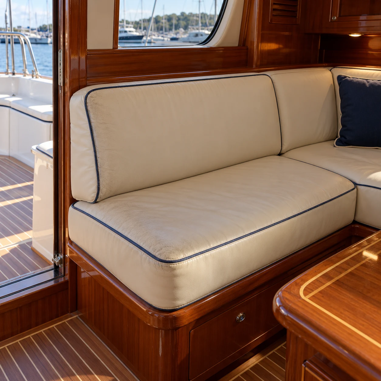 A cream yacht settee with faded navy piping