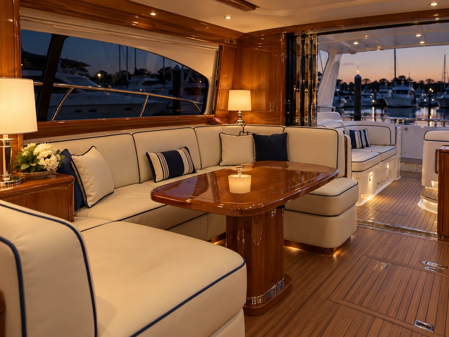 A cream and navy yacht saloon after recovering