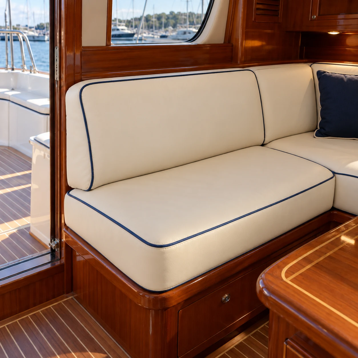 A fresh cream leather yacht saloon after recovering