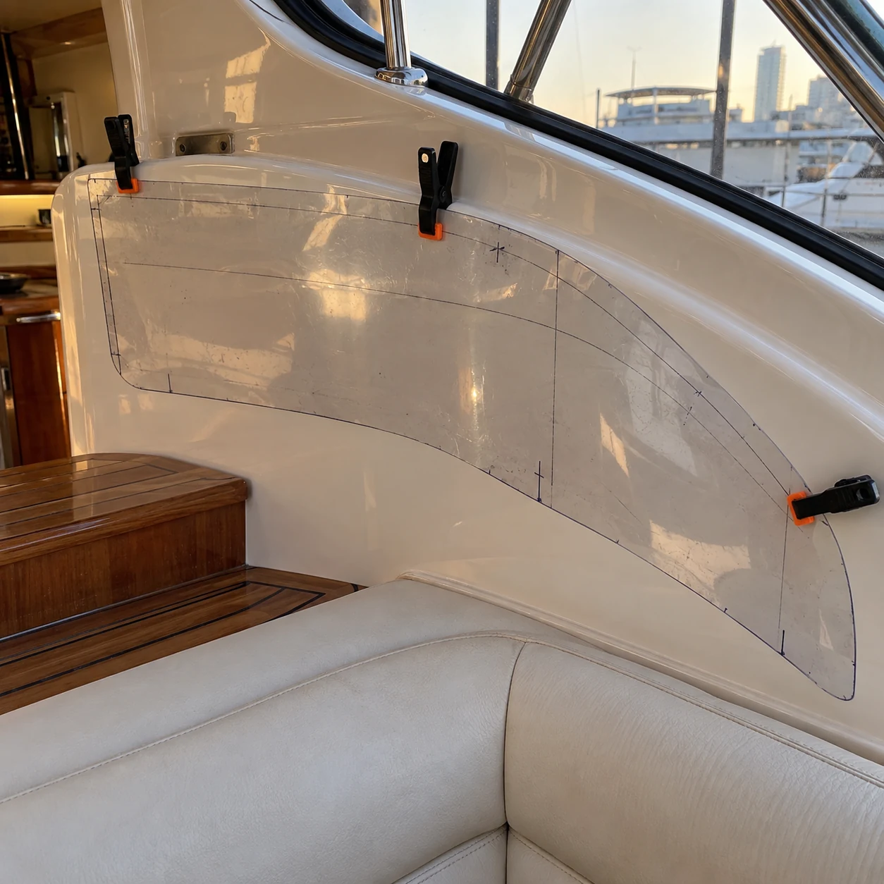 A transparent cushion template held against a yacht hull