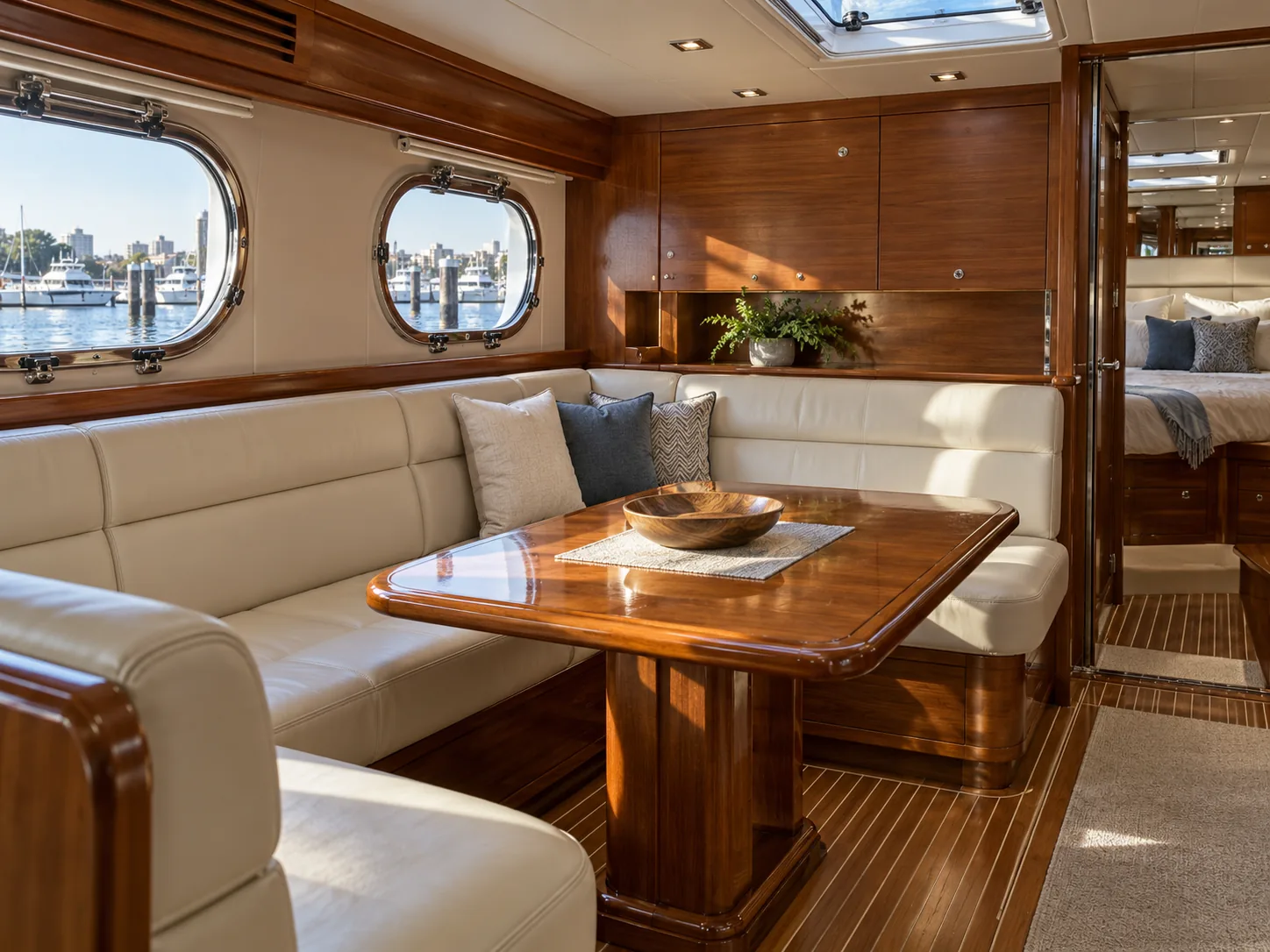 A yacht saloon with a pale leather built-in settee