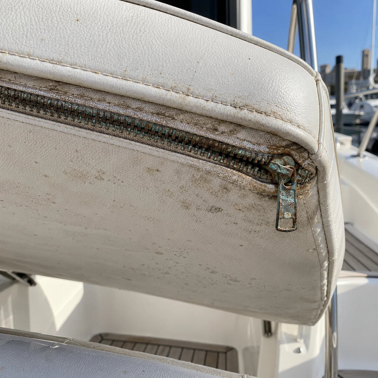 A corroded zipper beneath a yacht cushion