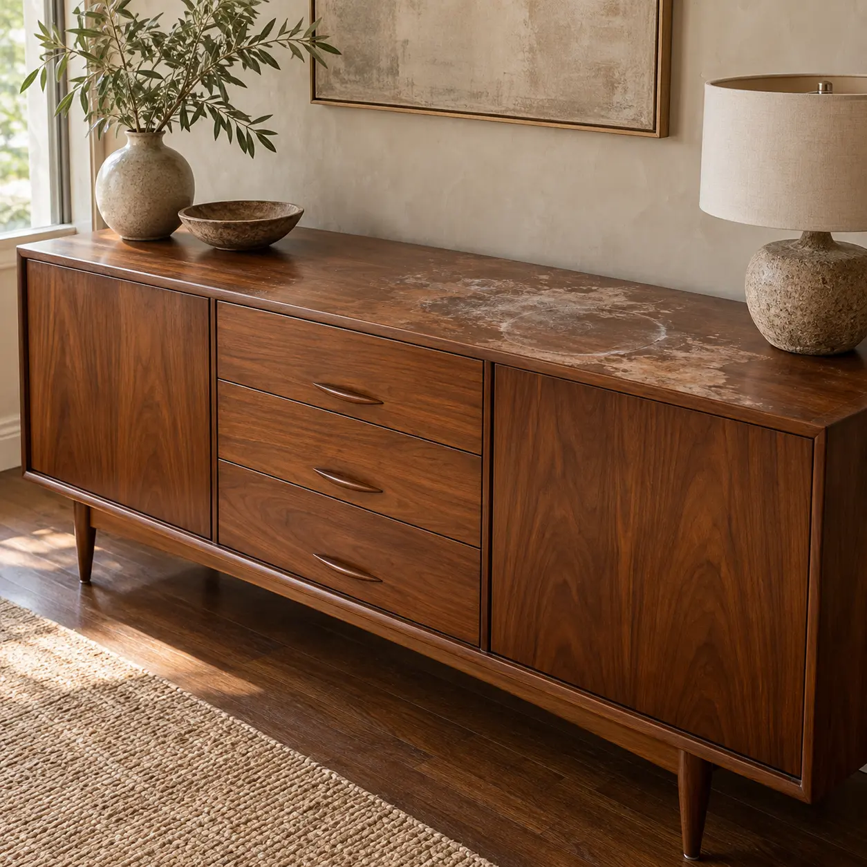 Damage confined to one panel of a sideboard