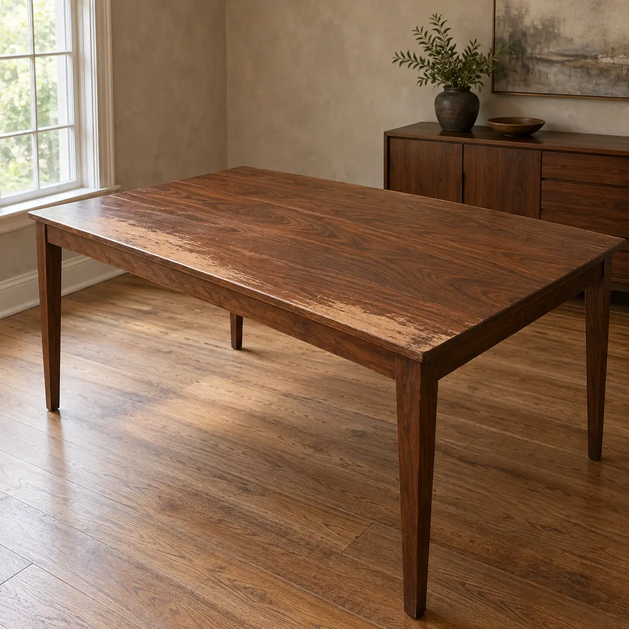 A dining table with the finish worn through where people sit