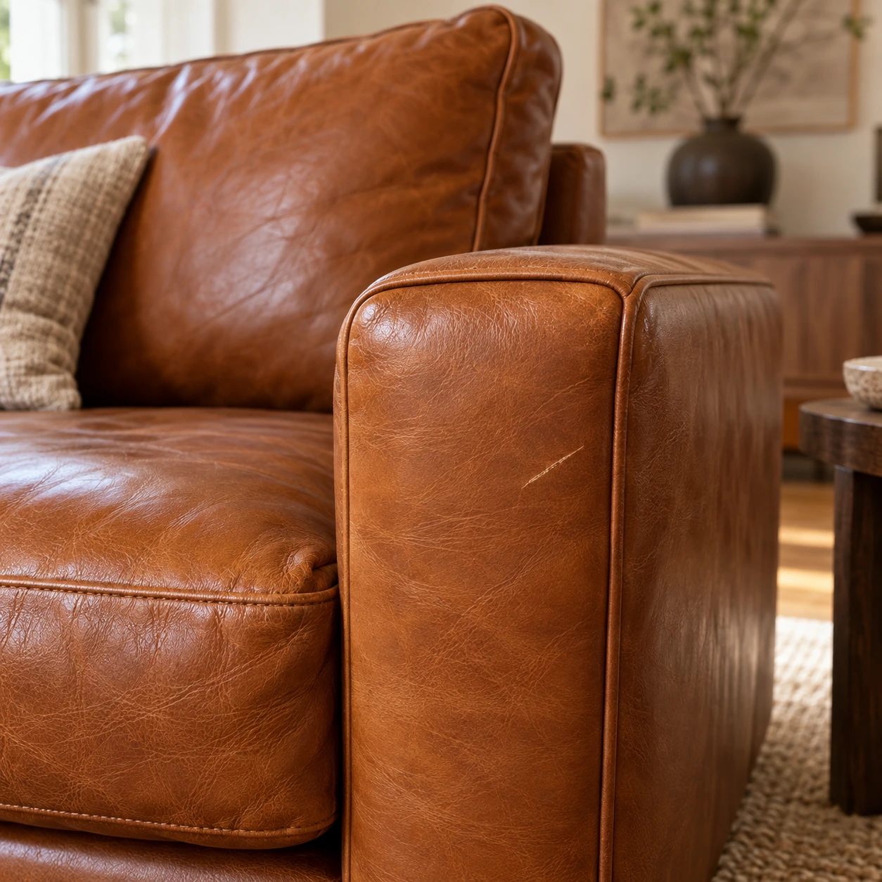 One small scratch on an otherwise sound leather sofa arm