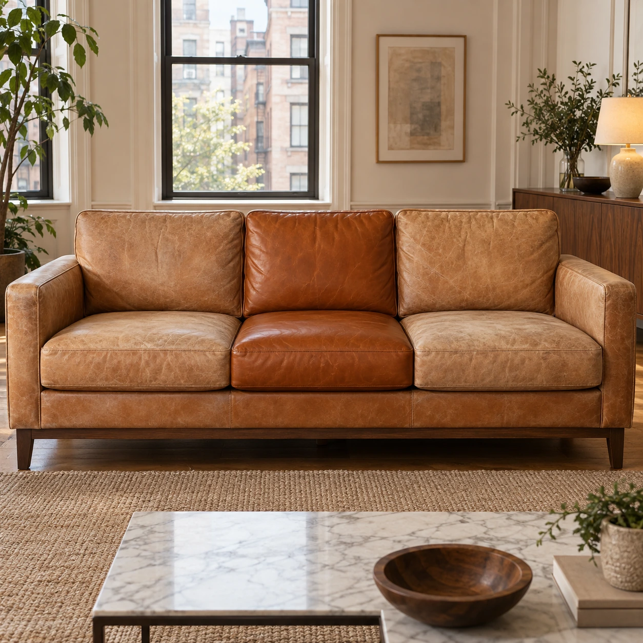 A leather sofa with one cushion repaired while the rest stays faded