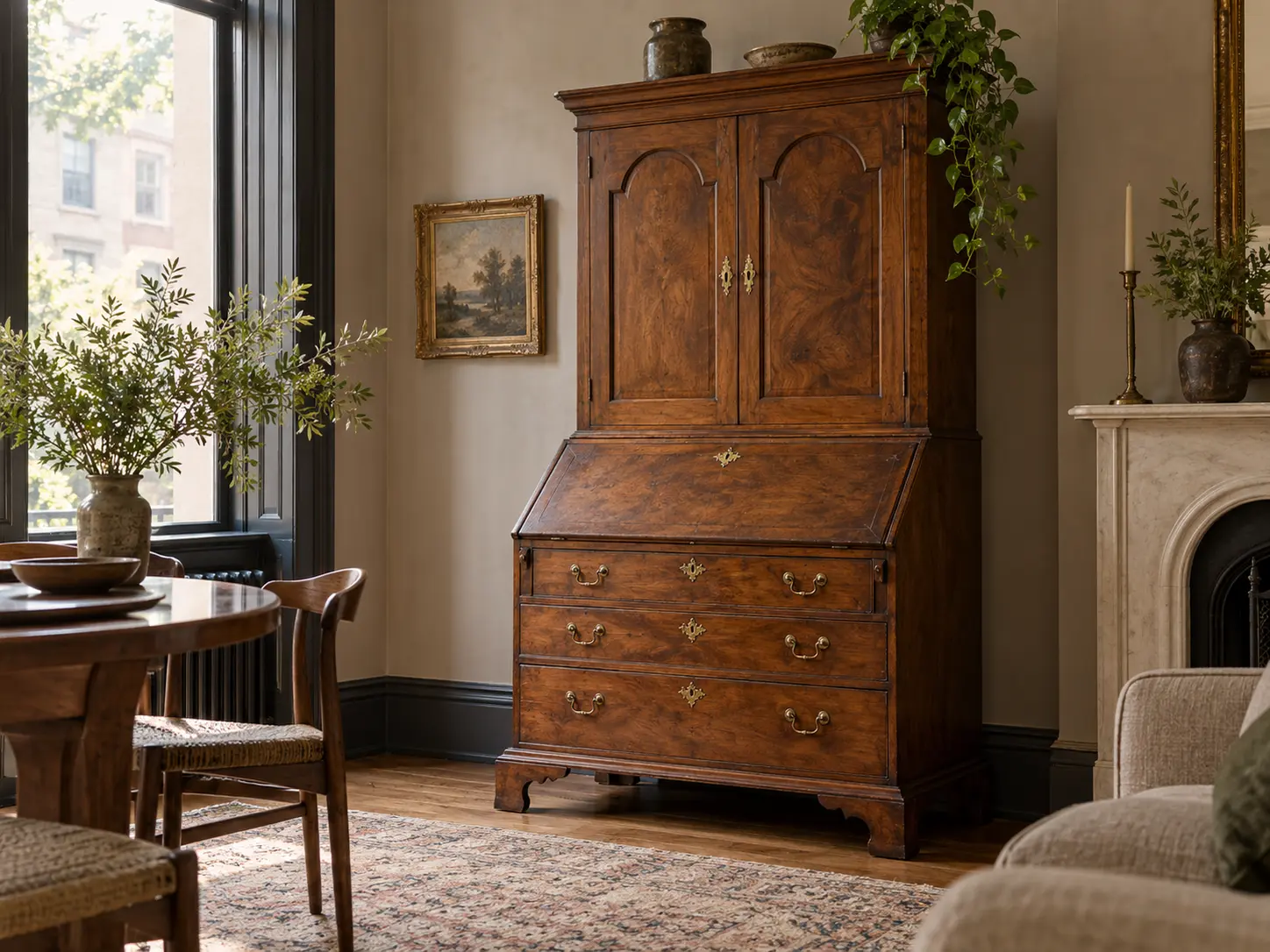 A refinished antique bureau cabinet in a living room