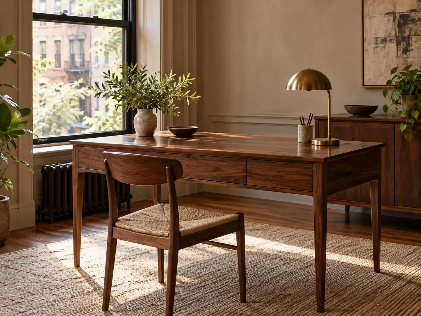 A refinished wooden desk in a home office