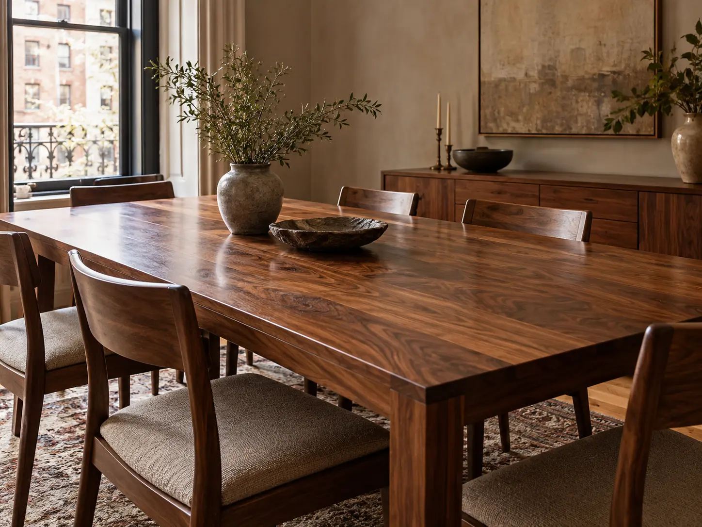 A refinished walnut dining table in a New York apartment