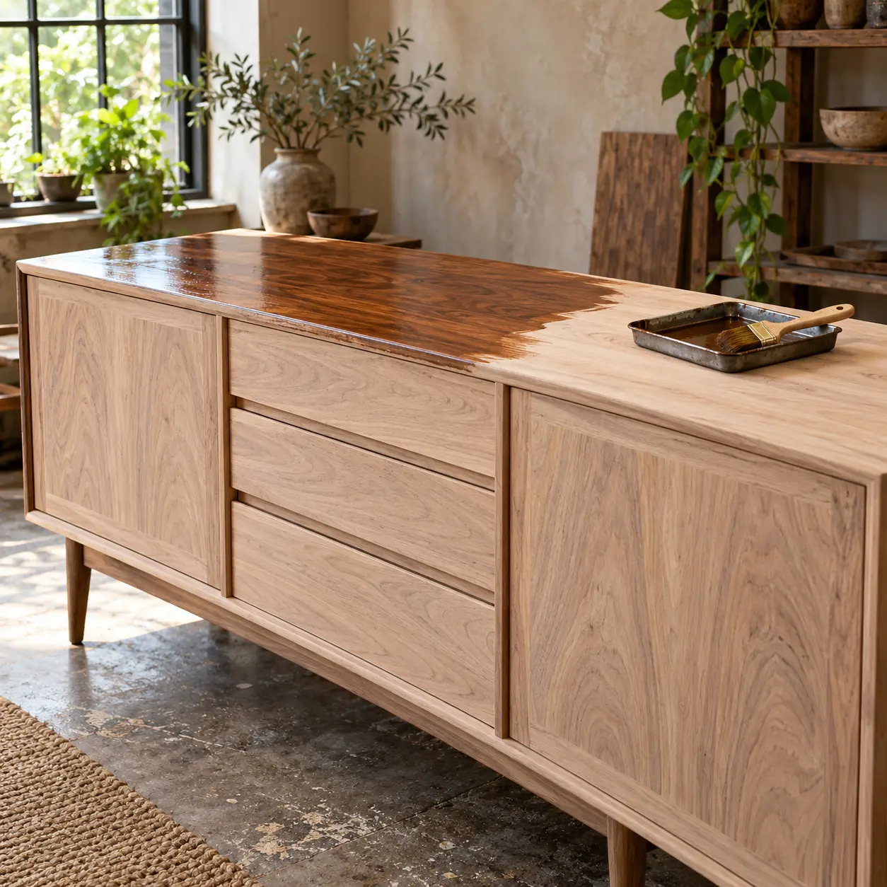 A credenza fully stripped and being recoated in the workshop
