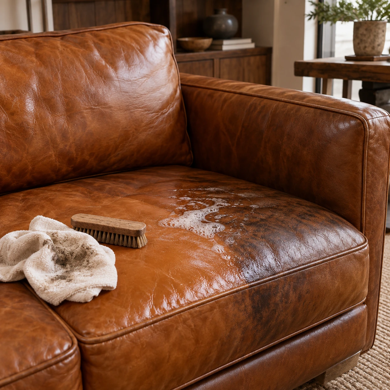 Leather seat being deep cleaned before restoration