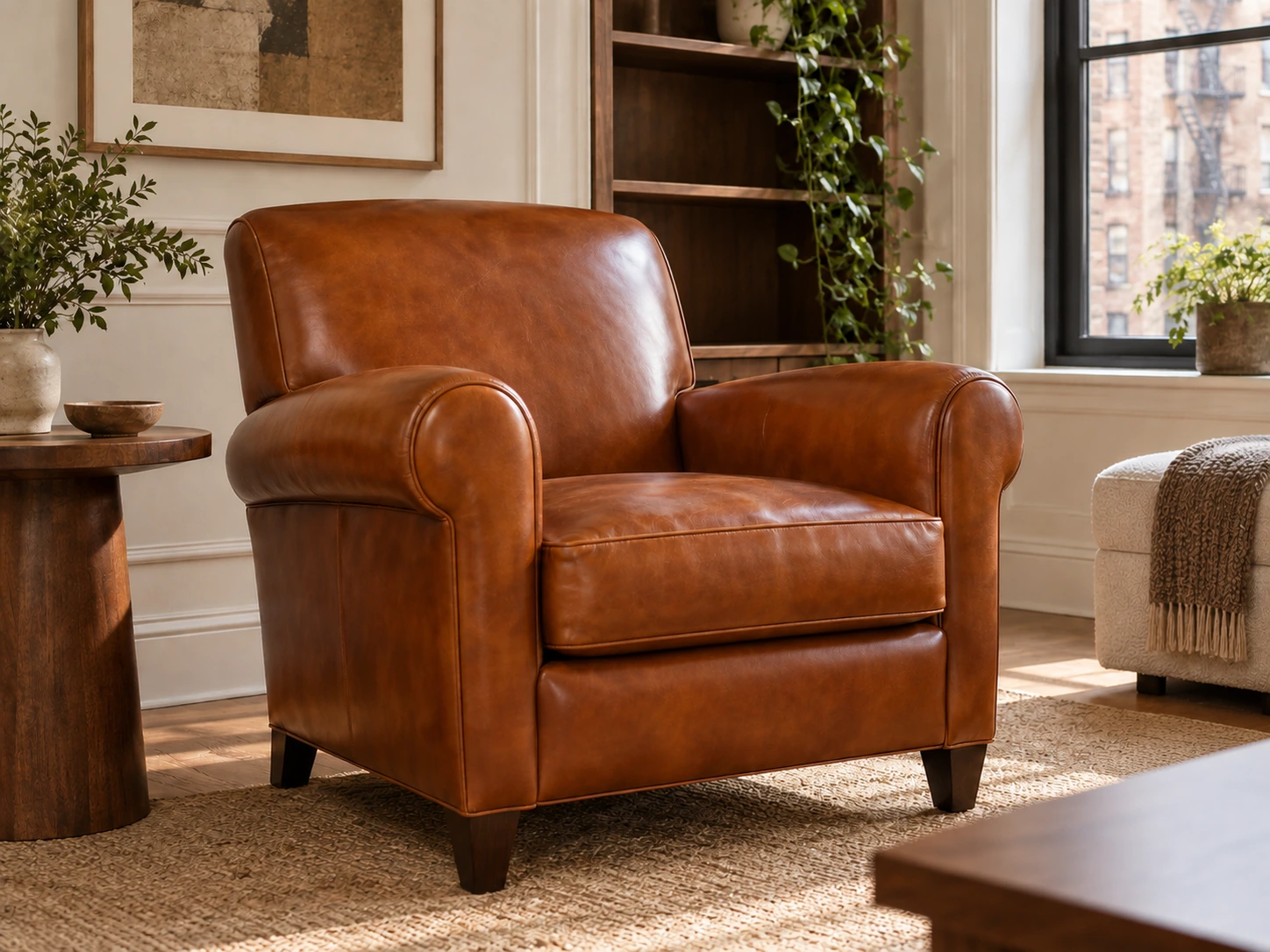 Restored leather club armchair by a window