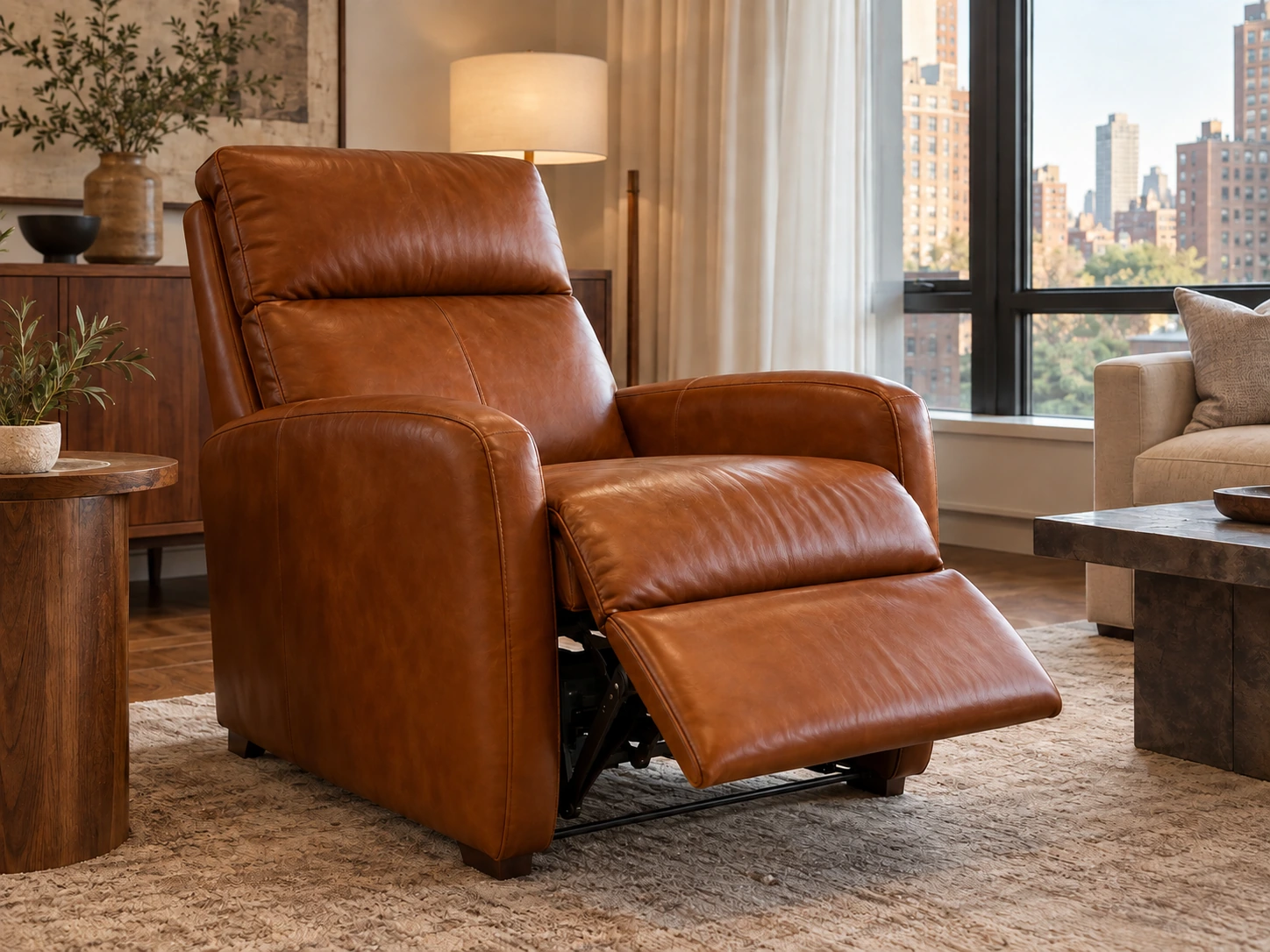 Restored leather recliner with the footrest raised