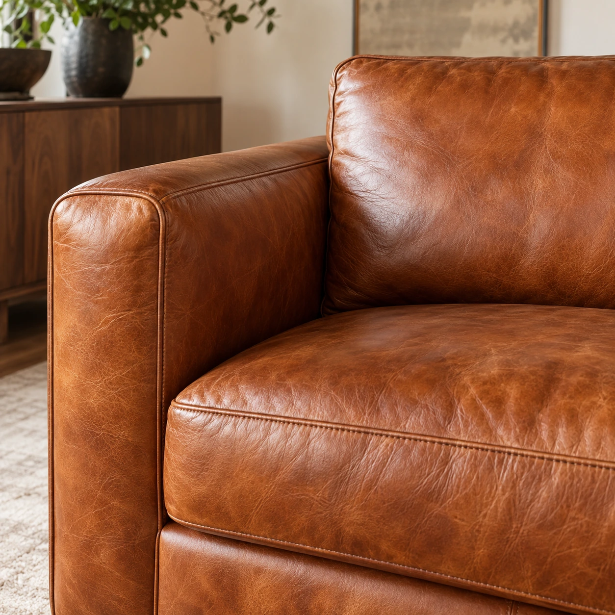 Restored leather armchair with one finish across arm, seat and back
