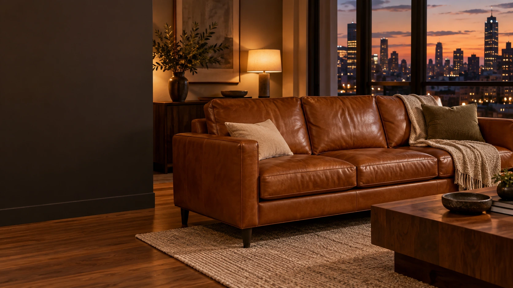 Restored leather sofa in a New York apartment at dusk