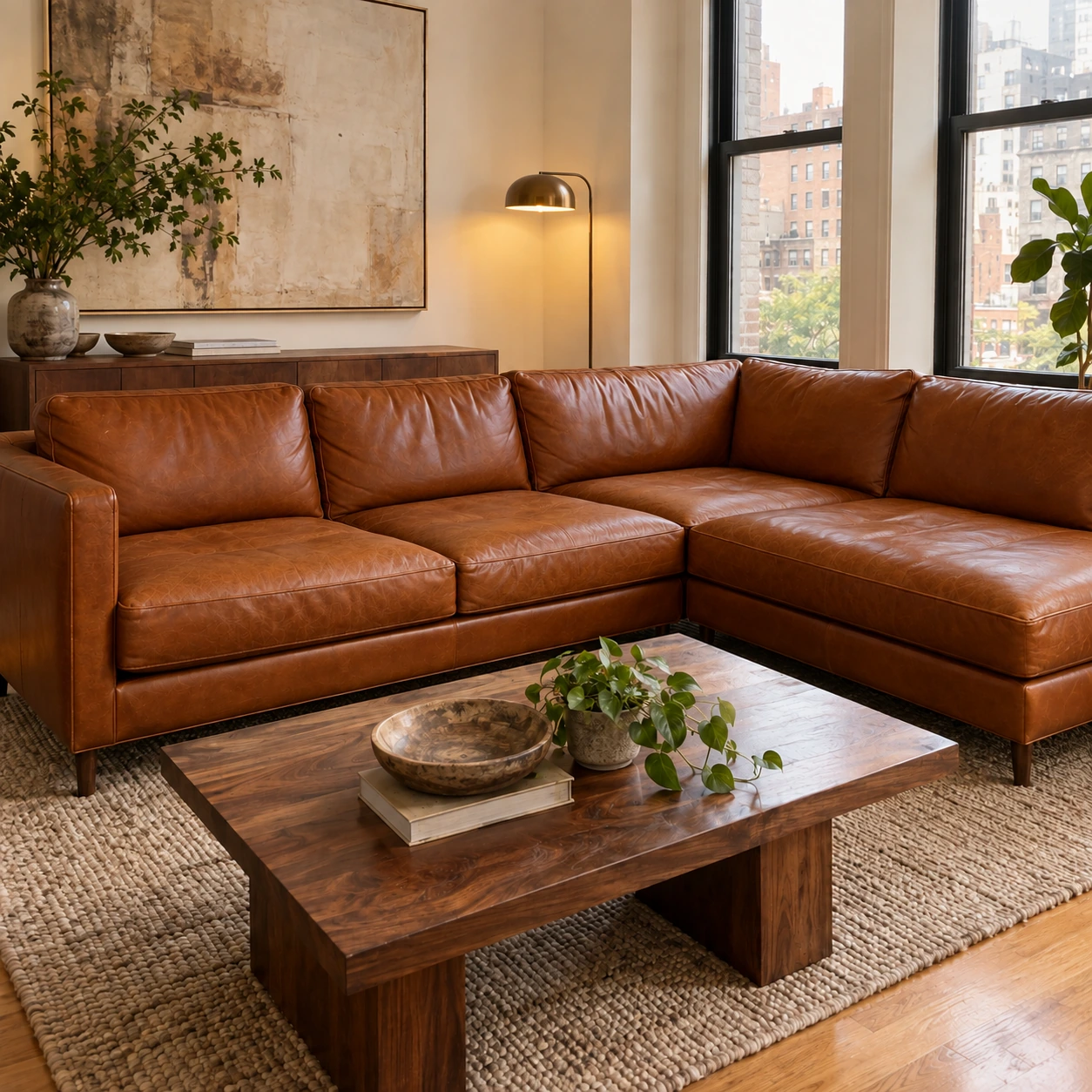 The same leather sectional after restoration