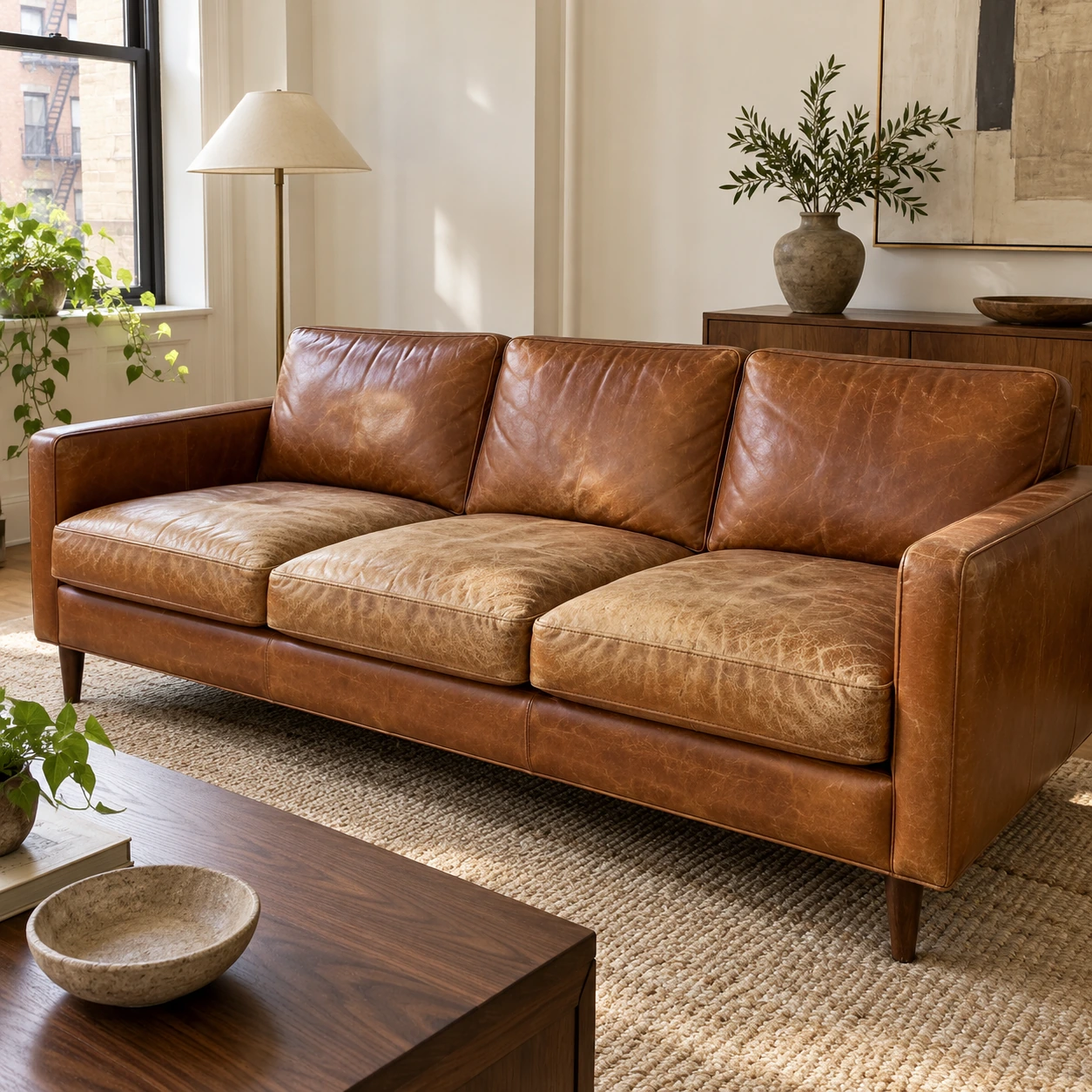 Leather sofa with faded, cracked seat cushions before restoration