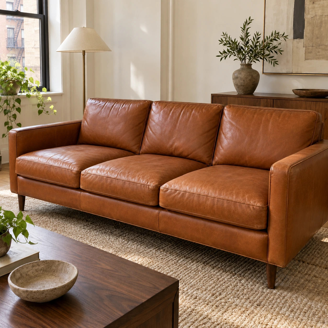 The same leather sofa after restoration