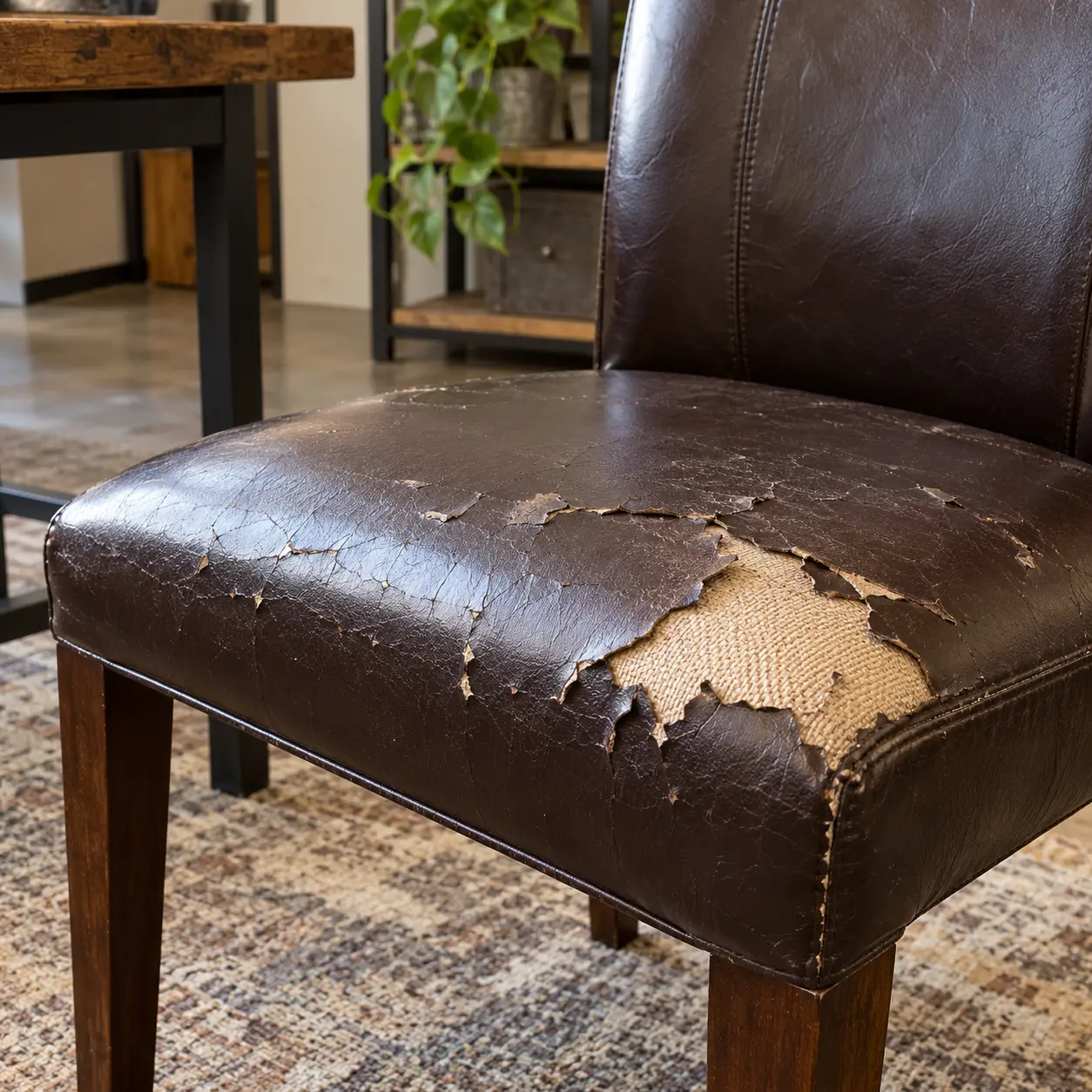 Bonded leather seat with the surface layer flaking off its backing