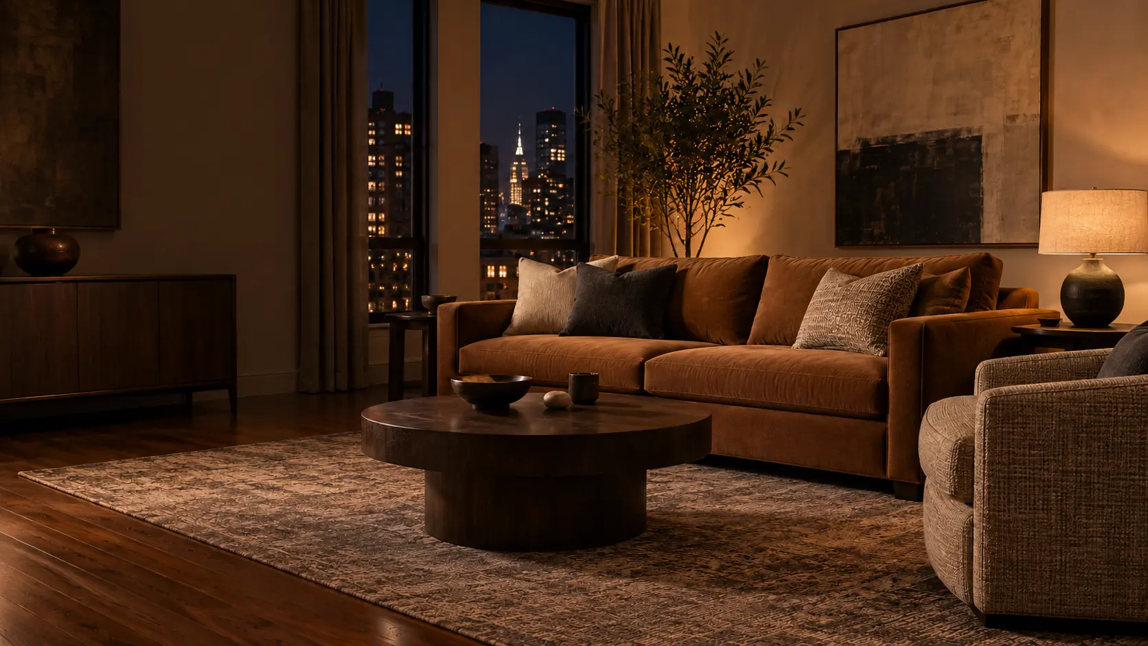 A New York room in the evening with recovered upholstered furniture